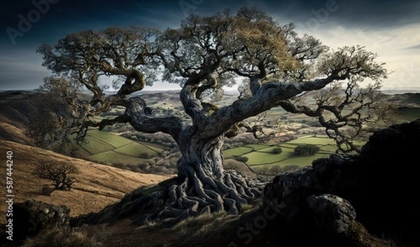 Fototapeta  a tree that is sitting on a hill with a sky background.  generative ai