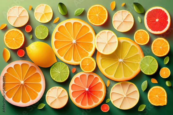 Fototapeta citrus fruit slices near the blank notepad on white background. Generative Ai