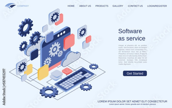 Fototapeta Software as service, cloud application modern 3d isometric vector concept illustration. Landing page design template