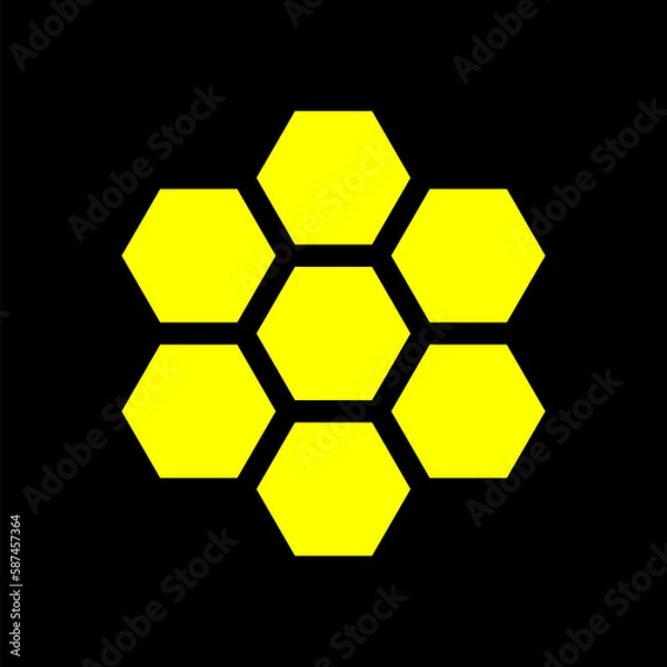 Fototapeta Black and yellow vector graphic of six yellow hexagons around a central hexagon on a black background