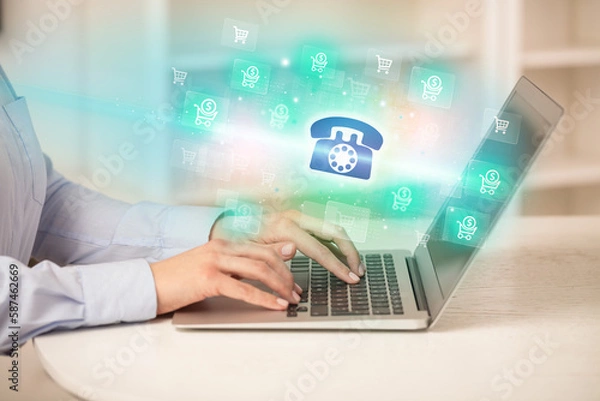 Fototapeta Businessman working on laptop with new business