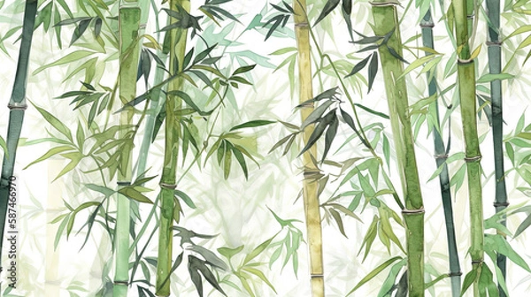 Fototapeta Tropical bamboo palm leaf Wallpaper, Luxury nature leaves pattern design, Hand drawn watercolor design for fabric, print, cover, banner and invitation, Generative AI