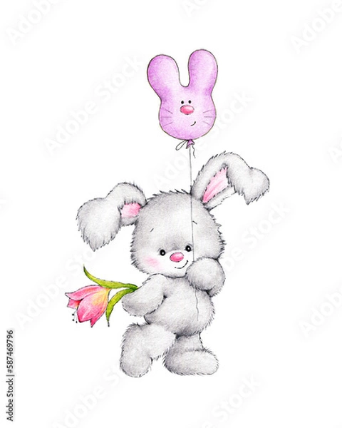 Obraz Cute bunny with pink balloon