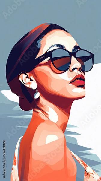 Fototapeta Fashion portrait of a model girl with sunglasses. Retro trendy colors poster or flyer. Flat design. Generative AI