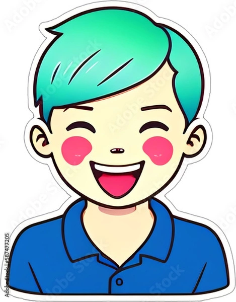 Fototapeta Sticker with a cartoon boy's head with a hairstyle and a smile on his funny face, with a white frame around