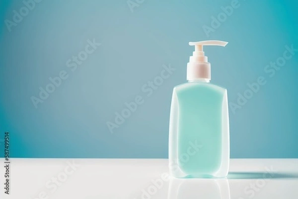 Obraz transparent bottle of antibacterial gel on a light blue background, antibacterial gel in a transparent bottle on a light blue background