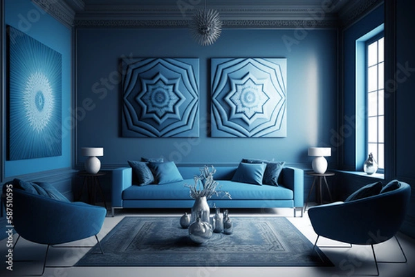 Fototapeta A luxurious living room with a comfortable sofa and blue wall. Generative AI interior design