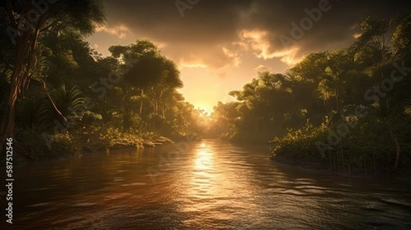 Obraz Tropical jungle landscape with Amazon jungle river at sunset. Created with Generative AI.