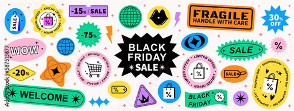 Obraz Set of cool trendy sale stickers for business. Black Friday sale. Geometric elements for a store sale, online promotion or social media posts. Brutalism aesthetic.