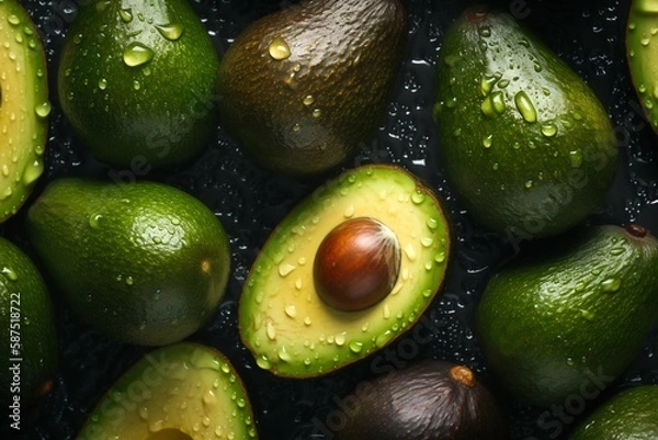 Fototapeta Avocado seamless background with water drops, top view, flat lay. Generative AI