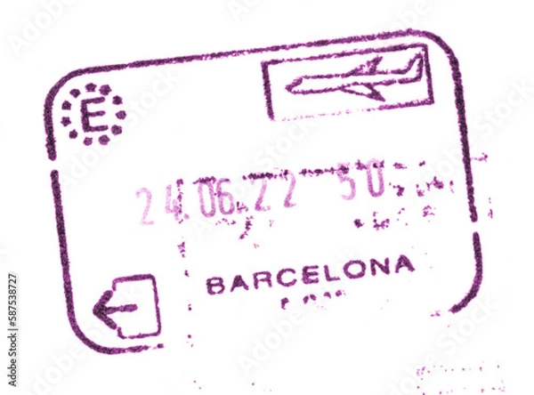 Obraz Passport customs entry stamp in the airport of Barcelona, Spain. Isolated on white. Purple airplane. Tourists traveling in Europe.