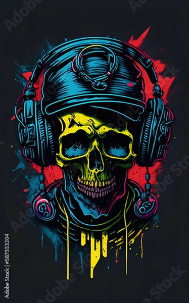 Fototapeta Colorful graffiti illustration of a cute skull, wearing headphones, vibrant color, great detail, Generative AI