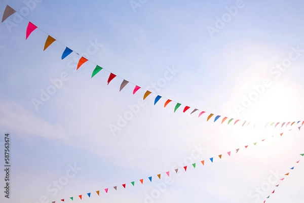 Obraz Flags paper hang on white string line and pole on bright blue sky background
