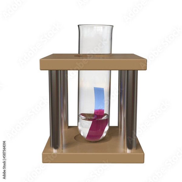 Fototapeta 3D illustration of a test tube rack holding a test tube. In the test tube is a colorless liquid. Dipped into the liquid is a blue litmus paper that turns red.