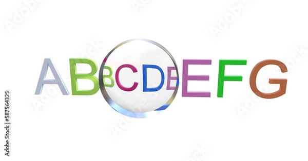 Fototapeta 3D illustration of letters ABCDEFG. In front of the letters is a concave lens showing a diminished virtual image of the letters.