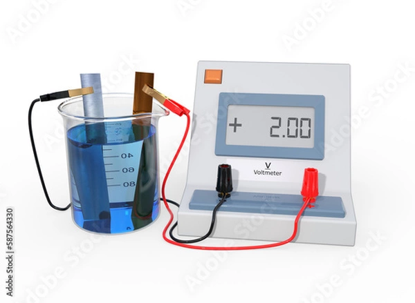 Fototapeta 3D illustration of a beaker containing a blue liquid and two different metals attached with wires to a voltmeter. The voltmeter is showing a reading.