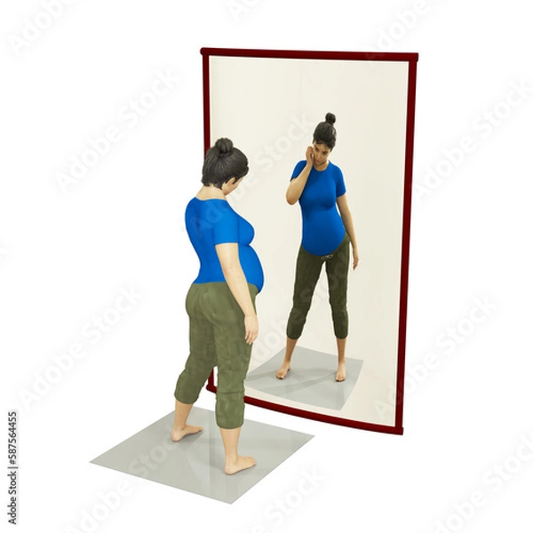 Fototapeta 3D illustration of a casually dressed female standing in front of a curved mirror. The mirror is on the floor. The mirror shows a magnified image of the female. 