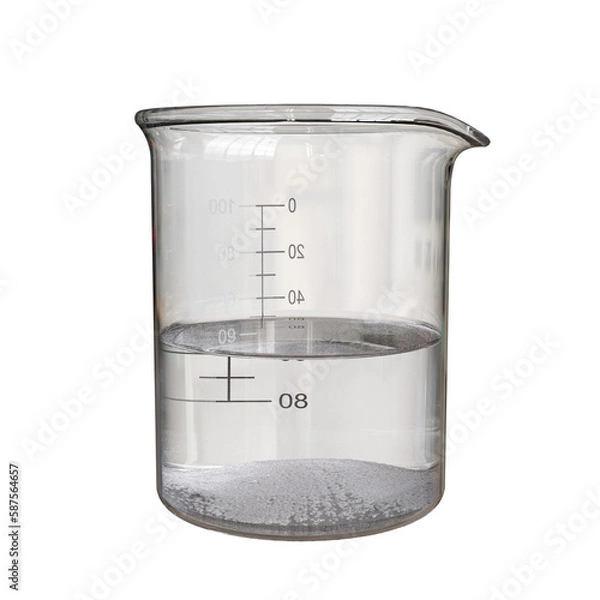 Fototapeta 3D illustration of a beaker containing a colorless liquid. White solid granules are deposited at the bottom of the beaker.