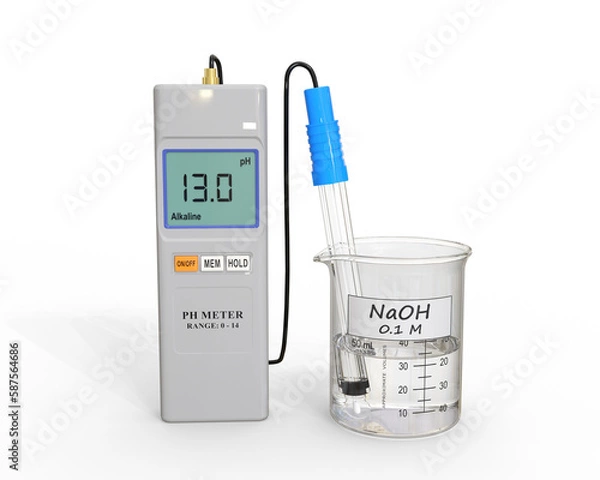 Fototapeta 3D illustration of a beaker containing a colorless liquid and a pH meter. A probe is inserted inside the liquid in the beaker. 