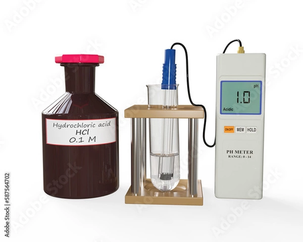 Fototapeta 3D illustration of a bottle, a test tube holder containing a test tube, and a pH meter. The test tube contains a colorless liquid. A pH probe is inside the test tube.