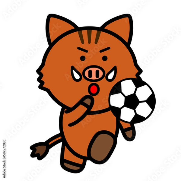 Fototapeta サッカーボールを蹴るイノシシ　イラスト