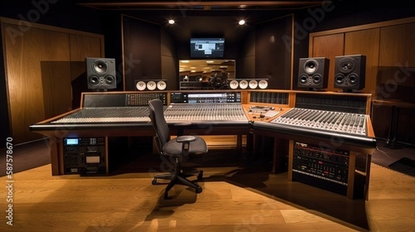 Fototapeta A fully equipped recording studio with a giant soundboard, audio hardware, speakers, monitors, and acoustically treated for optimal sound quality, generative ai