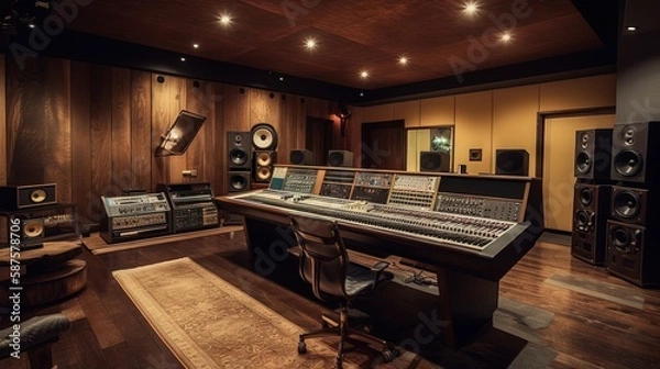 Obraz A fully equipped recording studio with a giant soundboard, audio hardware, speakers, monitors, and acoustically treated for optimal sound quality, generative ai