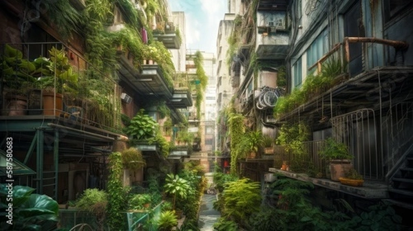Fototapeta 緑化した街並み　エコ　イメージイラスト　generative AI