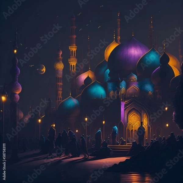 Obraz Eid, Ramadan, Mosque, Arabic Lantern, Celebration Background Illustration, Ai