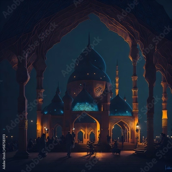 Obraz Eid, Ramadan, Mosque, Arabic Lantern, Celebration Background Illustration, Ai
