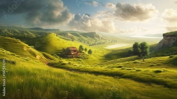 Fototapeta のどかな田舎の風景　イメージイラスト　generative AI