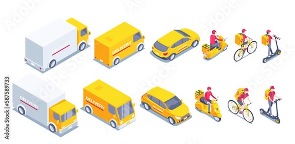 Fototapeta isometric vector illustration on white background, delivery transport set, cars and scooters and bike, city delivery service