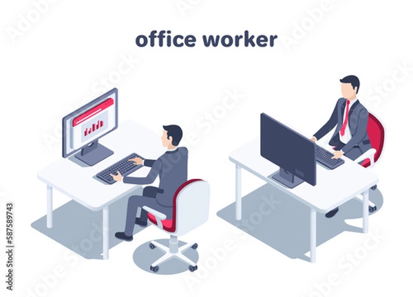 Fototapeta isometric vector illustration on a white background, a man in a business suit works at a computer sitting at an office table, an office worker