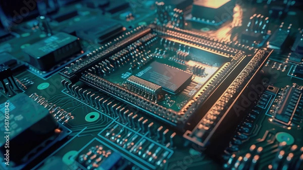 Fototapeta Close-up of an electrical printed circuit board. Multicore, gold and blue, super powerful. Generative AI
