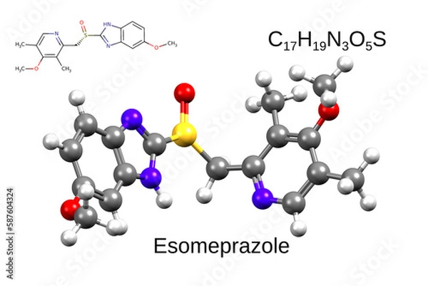 Fototapeta Chemical formula, skeletal formula and 3D ball-and-stick model of the proton pump inhibitor, esomeprazole