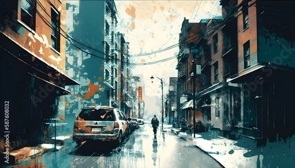 Fototapeta illustration painting of urban street with grunge texture, Generative AI