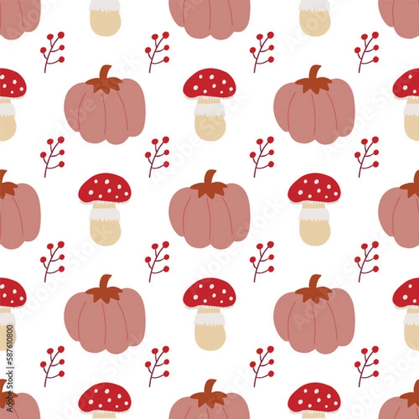Fototapeta Pumpkin vector pattern. Autumn fall farmhouse seamless background. Thanksgiving pink pumpkin with fly agaric mushroom