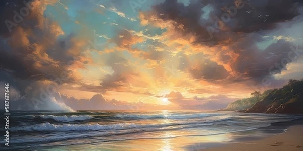 Fototapeta Oil painting illustration depicting a serene scene, sunset at a beautiful beach, clouds in the sky and pristine sand - generative ai