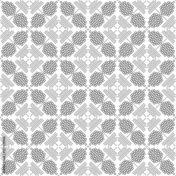 Fototapeta black and white seamless pattern repeated design ornament decoration floral flower damask style geometric elements tile texture textile fabric vector illustration