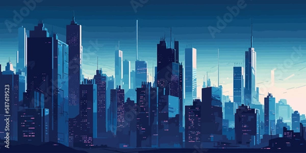 Fototapeta Skyscraper City in Flat Graphic Style: A Strong Contrast of Light and Shadows in Striking Blue