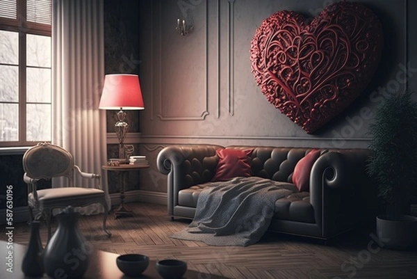 Fototapeta Modern and luxury minimalist interior of living room. Modern cozy living room with a picture on the wall. a living room with a round window in the corner. Generative Ai