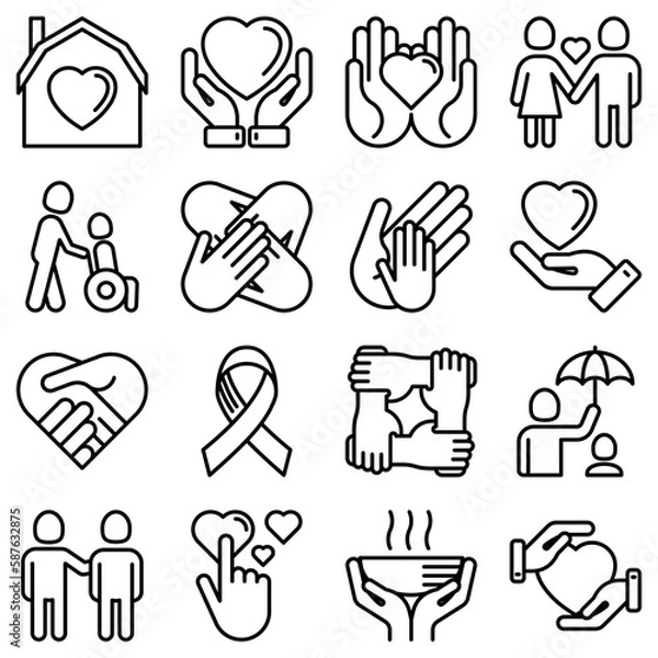 Obraz Help and care thin line icons set: symbols of support, help for children and disabled, togetherness, philanthropy and donation. Modern vector illustration.