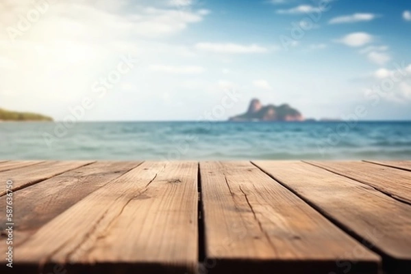 Fototapeta Wooden place for product montage with blurred sea on the background. Generative AI
