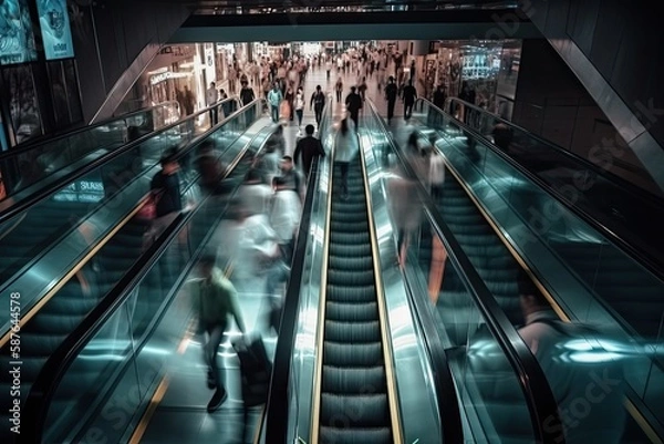 Fototapeta crowd walking on an escalator moving fast with blurred billboards on the right side and blurred glass front on the left side at night with neon lights - Generative AI