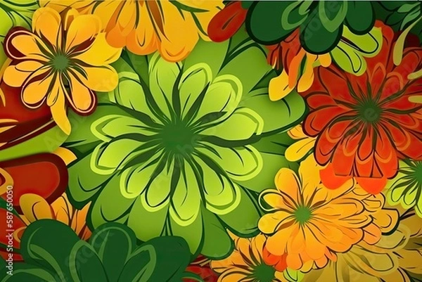 Fototapeta Illustration of various colorful flowers on a vibrant green background. Generative AI