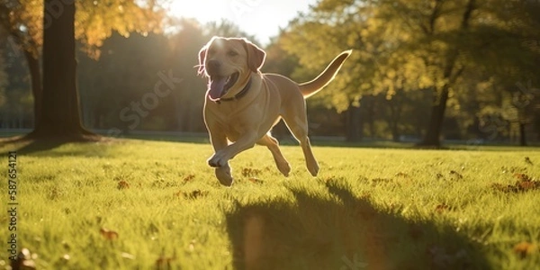 Fototapeta Dog Running through a Sunny Park in the Afternoon