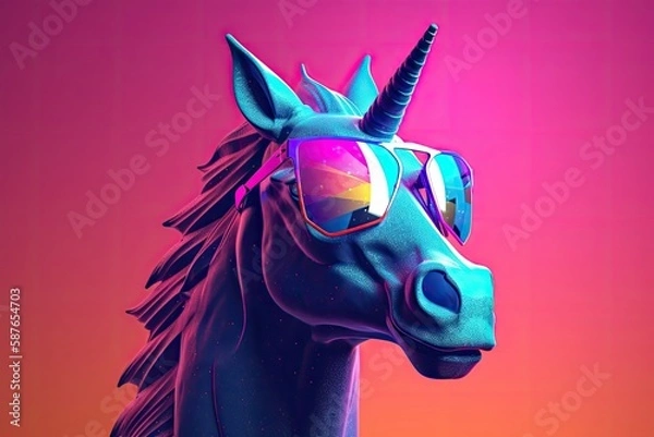 Fototapeta unicorn wearing sunglasses on a solid color background, vector art, digital art, faceted, minimal, abstract. Generative AI.