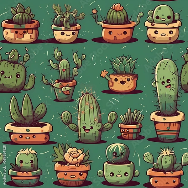 Obraz Cute Cartoon Cacti Seamless Pattern