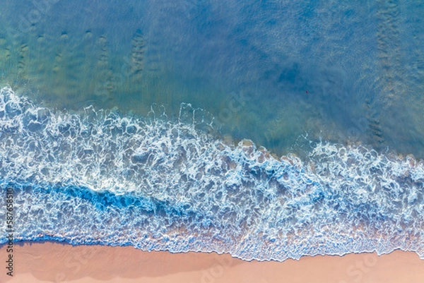 Obraz (Top view) Aerial view drone over beach sea. Beautiful sea waves. Beach sand and amazing sea. Summer sunset seascape. Phuket Thailand Beach. Water texture. Top view of the fantastic natural sunsets