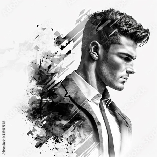 Fototapeta Half-turned side profile close up view portrait of handsome virile masculine attractive confident smart intelligent clever african man looking aside weairng smartsuit isolated on gray background